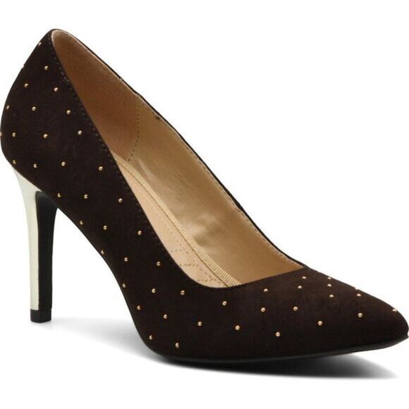 Adrienne Vittadini Studded Leather Dark Brown Pump‎ - Picture 1 of 4